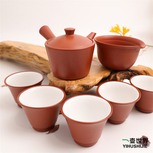日本常滑烧 高资朱泥160ml/60ml纯手工日式紫砂侧把陶茶壶7点套组