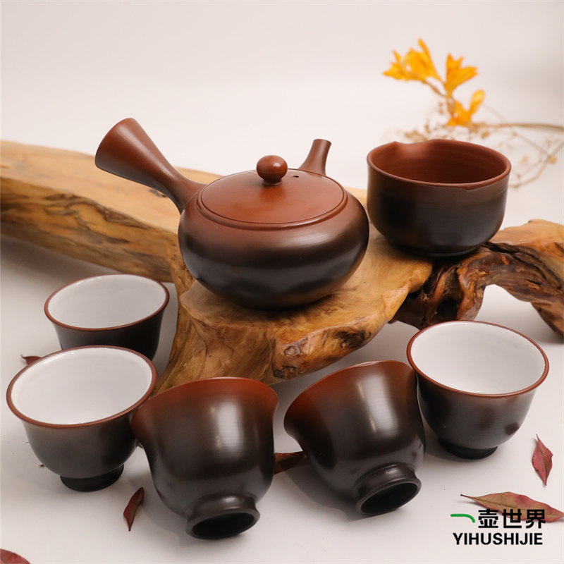 日本常滑烧 弘二 朱泥窑变110ml纯手工日式紫砂侧把陶茶壶7点套组