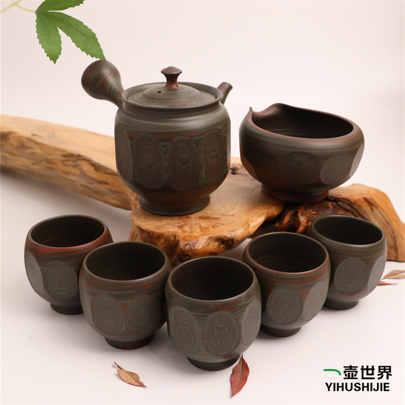 日本常滑烧 小西洋平 绞泥纯手工日式紫砂侧把陶7点茶壶套组