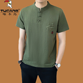 t恤男士 新款 立领刺绣冰丝半袖 啄木鸟亚麻短袖 棉麻休闲宽松POLO衫