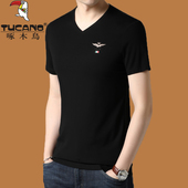 丝光棉短袖 T恤男纯色宽松冰丝半袖 薄款 啄木鸟夏季 V领休闲大码 t恤