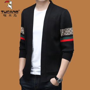 啄木鸟高端薄款春秋外套男针织长袖多口袋毛衣青年修身羊毛开衫潮