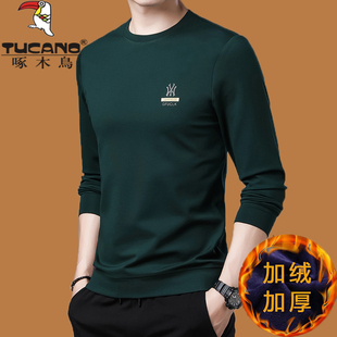 潮 T恤纯色休闲打底衫 啄木鸟冬季 套头卫衣男圆领加绒加厚宽松长袖