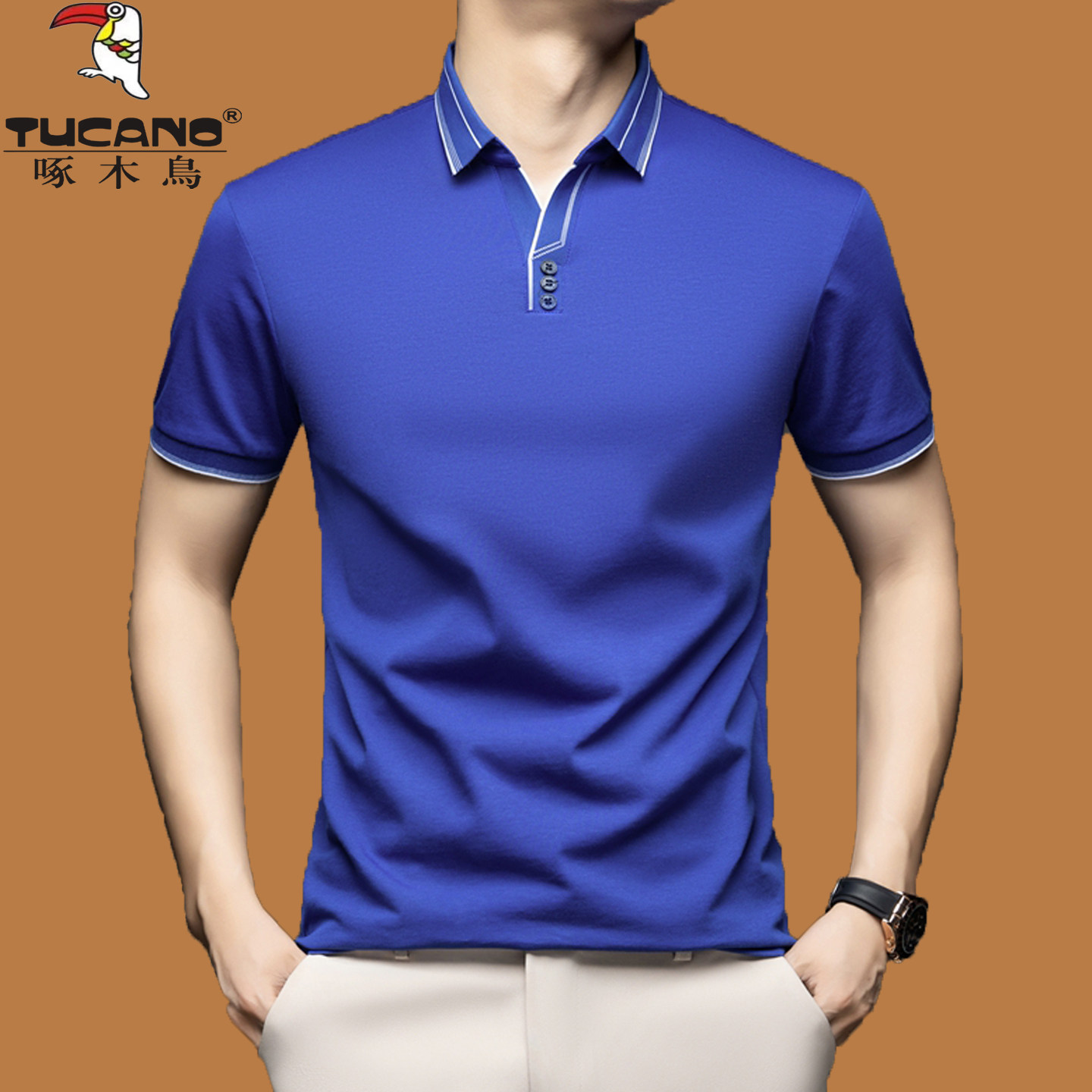 啄木鸟桑蚕丝短袖T恤男2026新款休闲翻领POLO衫宽松冰丝爸爸半袖T