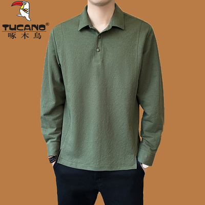 啄木鸟亚麻长袖t恤男士薄款纯色休闲翻领polo衫棉麻宽松打底上衣T