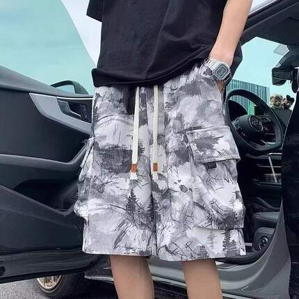 美式水墨工装短裤男夏季薄款大口袋五分裤子高街vibe运动休闲中裤