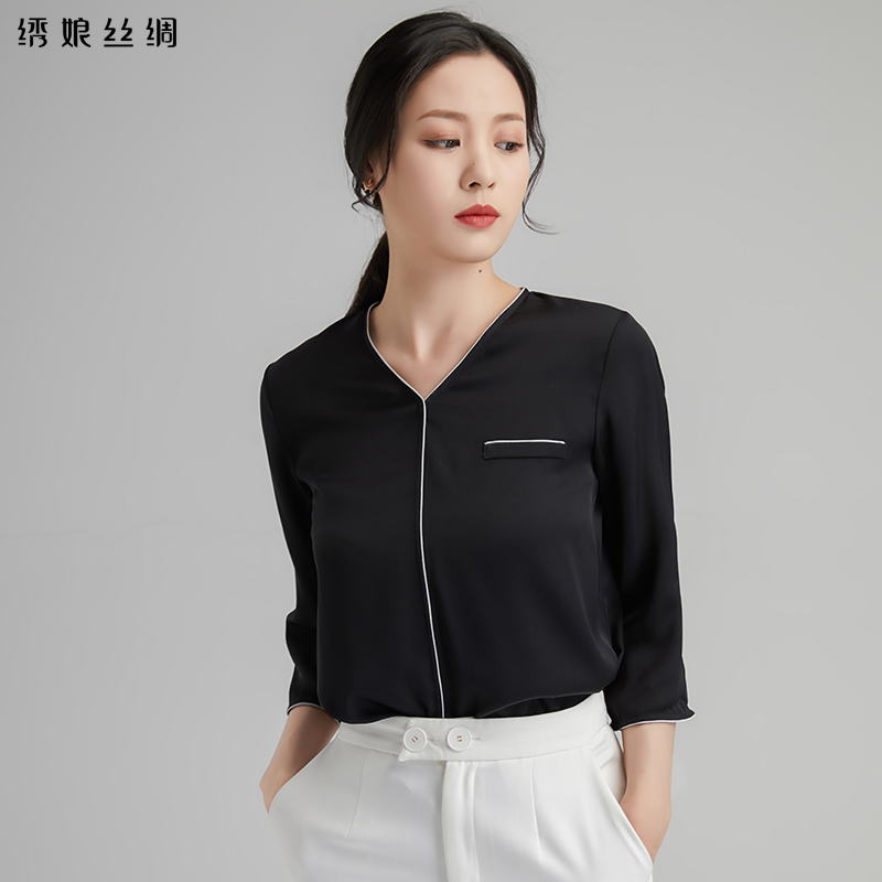 绣娘苏州女中袖大牌纯色V领真丝