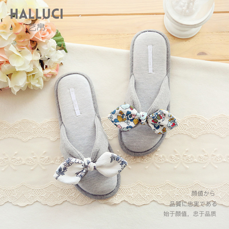 HALLUCI 清新雪纺蝴蝶结碎花室内拖鞋 淑女风可爱女士拖鞋女