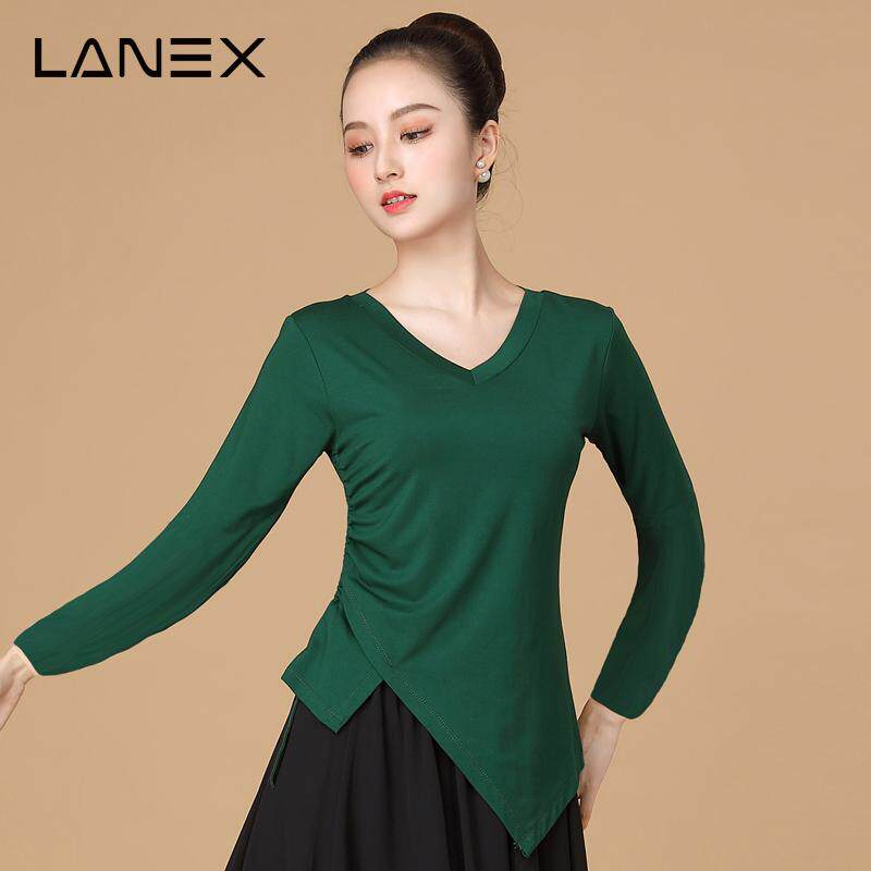 广场舞服装长袖莫代尔上衣V领纯色演出服中老年大妈绿色跳舞衣服