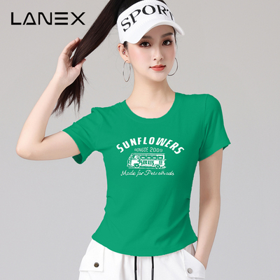 广场舞短袖纯棉上衣单件夏天圆领绿色修身t恤健身操运动跳舞衣服