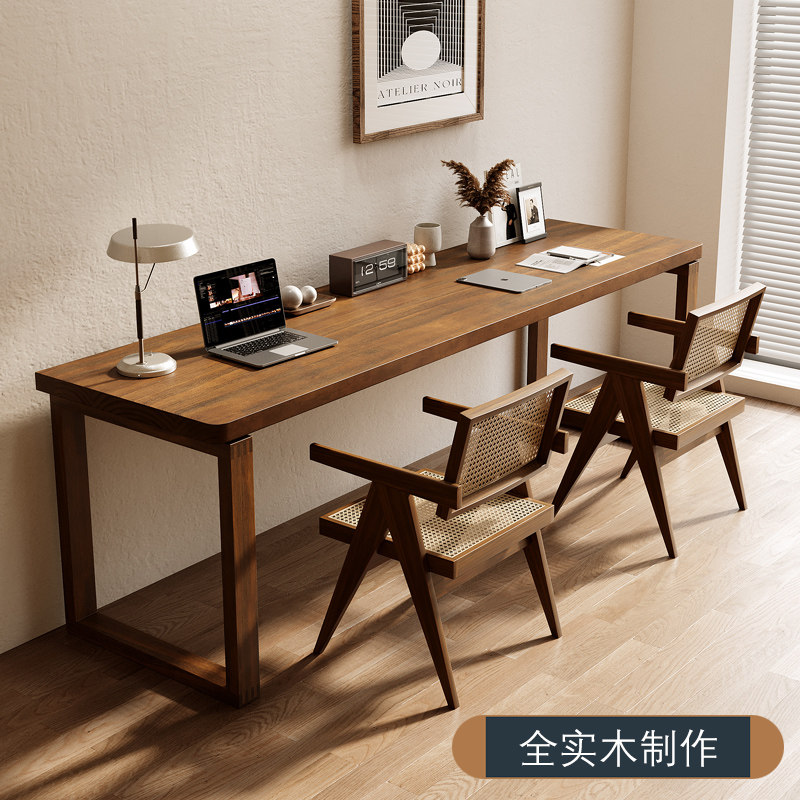 莫比实木双人书桌靠墙家用学生长条桌现代简约儿童写作业学习桌子