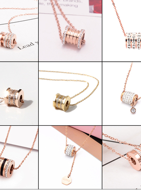 可活动弹簧项链幸运小圆筒 玫瑰金寓意畅镶钻吊坠钛钢锁骨链项链