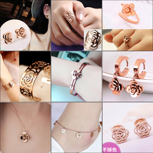 多款可选镀18K玫瑰金立体山茶花戒指女韩国彩金尾戒 开口可调节