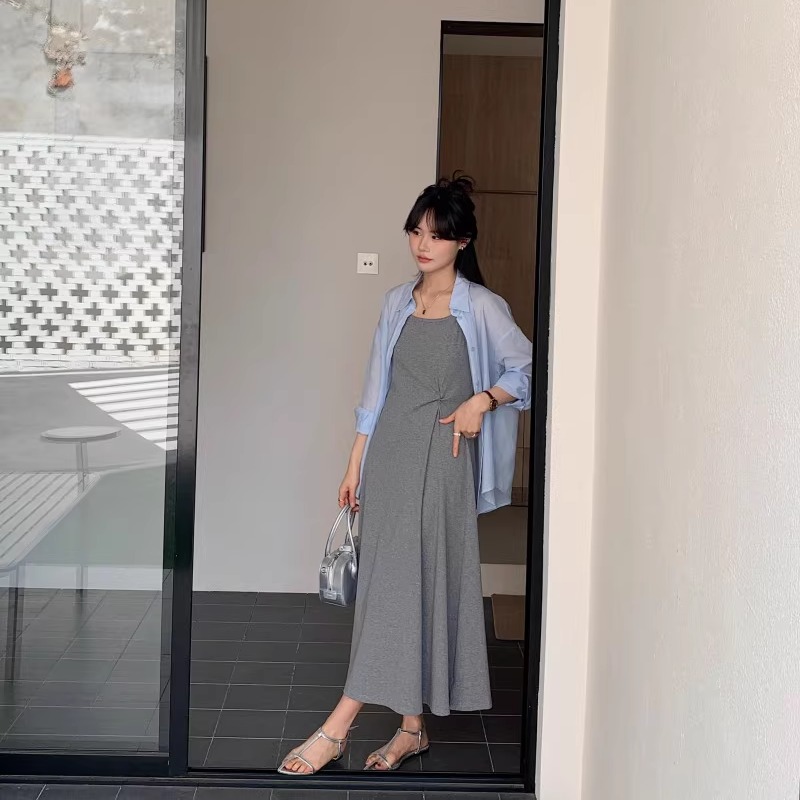 2025夏季新款韩版时尚天丝条纹衬衫＋针织吊带连衣裙两件套女套裙