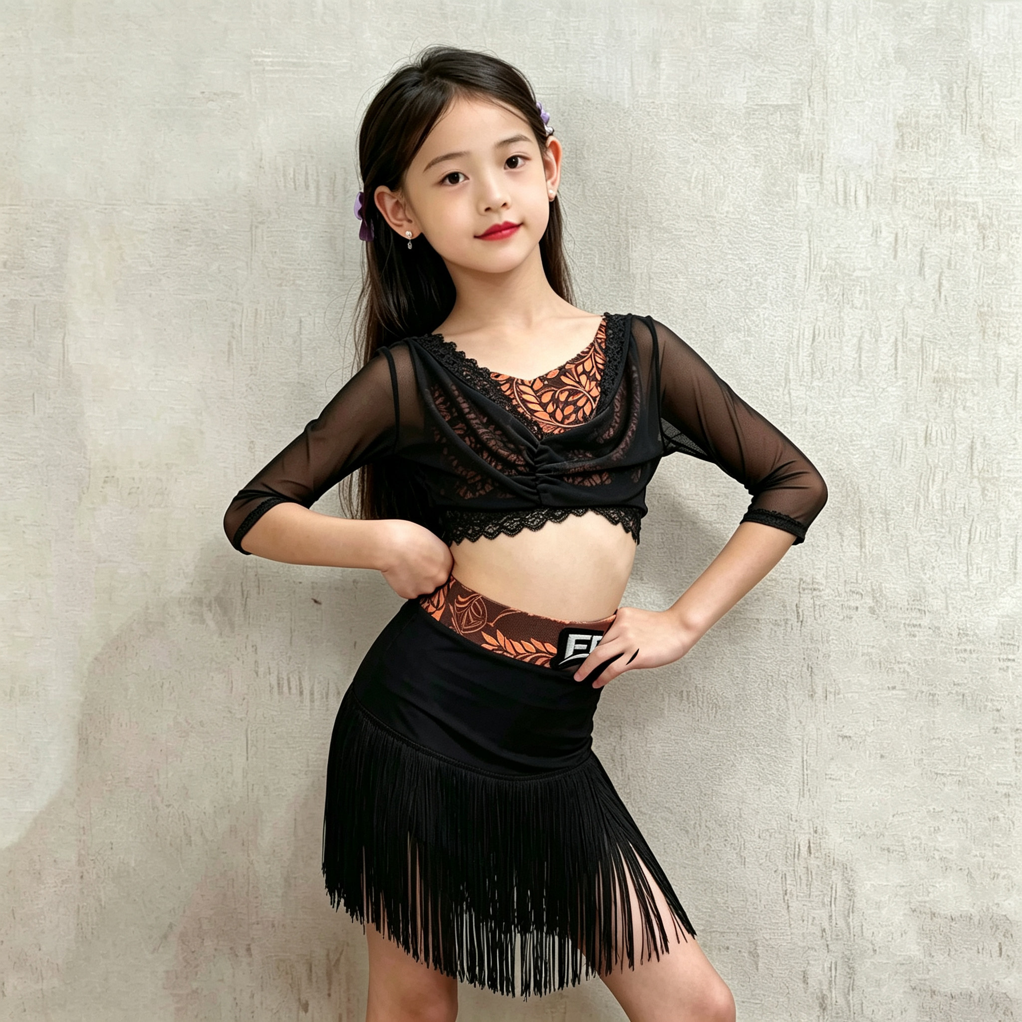 梵蒂恺新款女童拉丁舞蹈练习服儿童表演练功训练服少儿流苏练功服