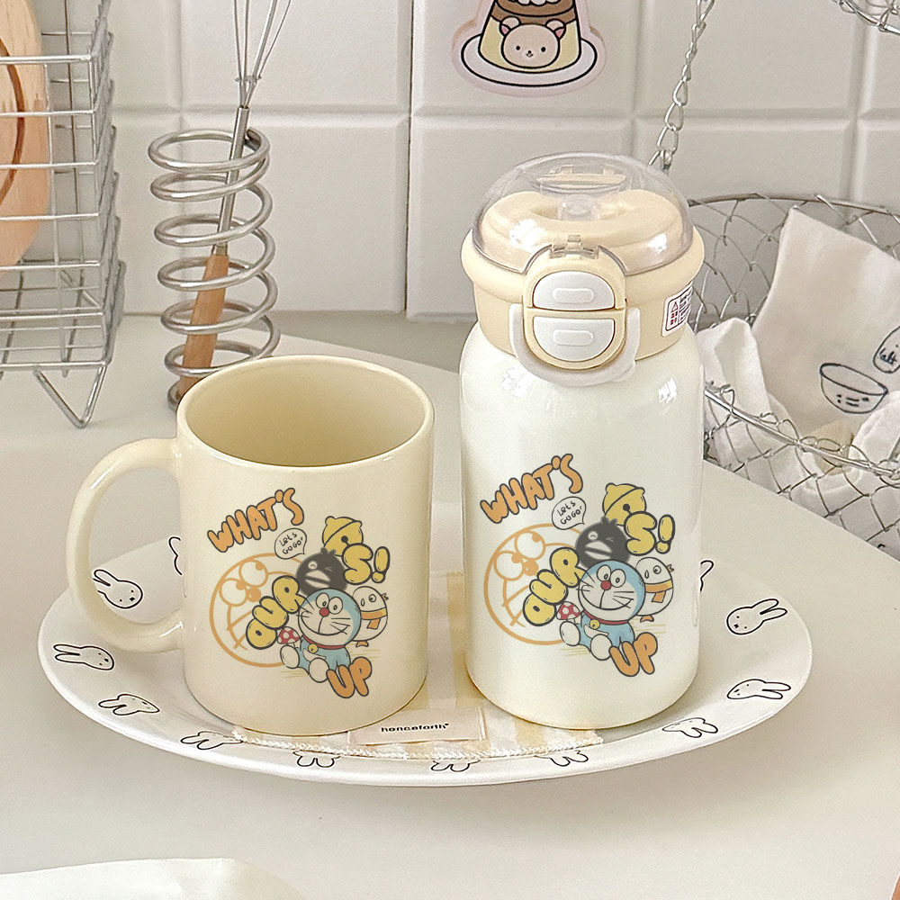 日常可爱水杯哆啦WHAT'S UP款黄色双饮盖保温杯+带勺盖马克杯