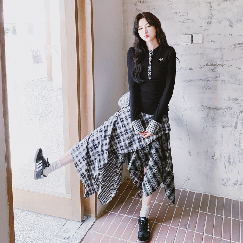 美式复古格子辣妹风显瘦两件套