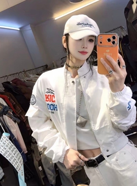 高街辣妹字母刺绣棒球服外套女春季复古立领机车服百搭短夹克上衣