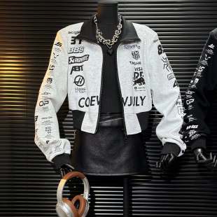 美式 宽松减龄棒球服外套 炸街辣妹字母印花立领撞色拉链卫衣女短款