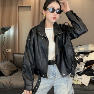 高街辣妹翻领短款 pu皮衣短外套女复古设计感松紧腰系带机车服夹克