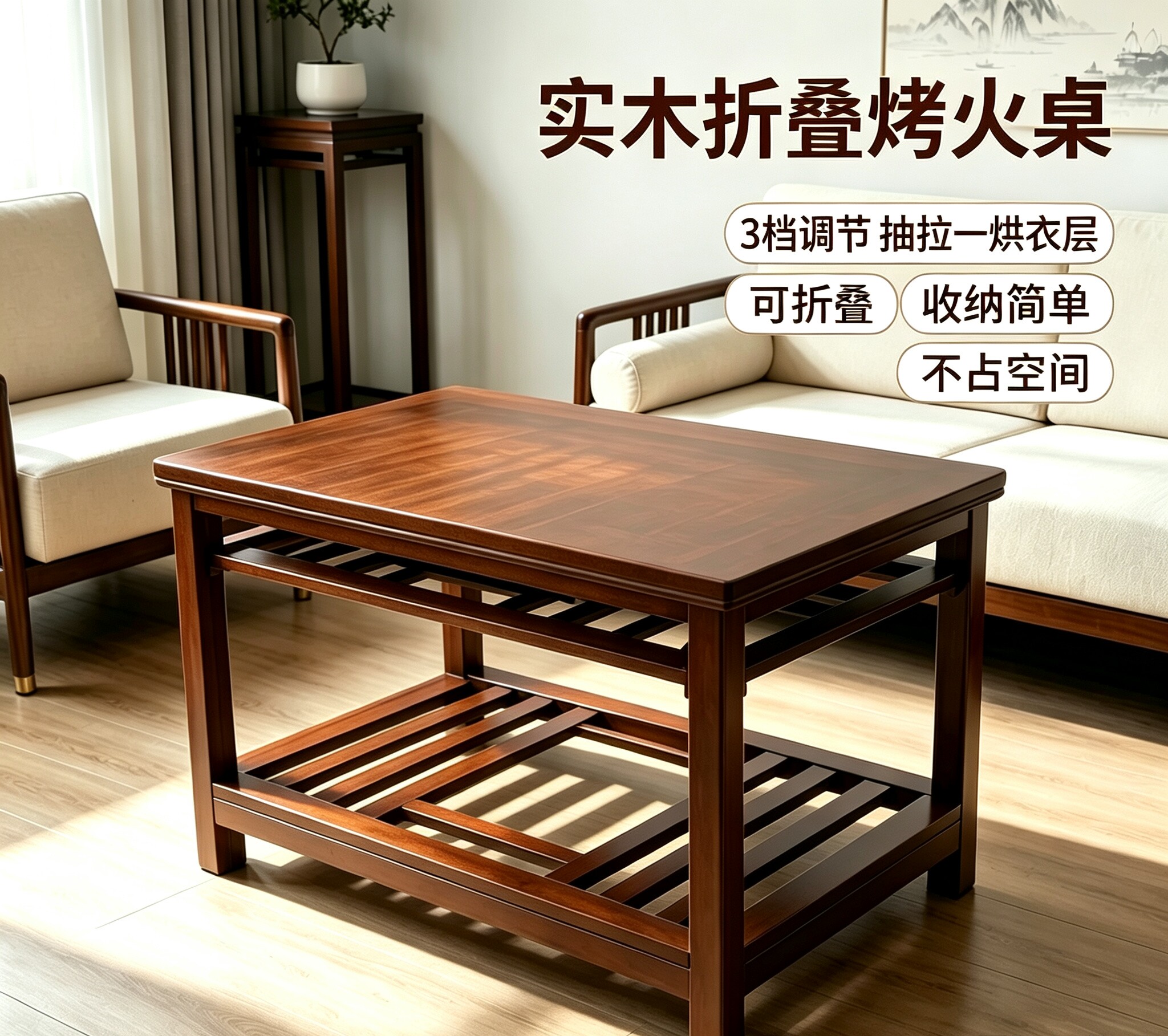 实木折叠烤火桌 120长方形带抽拉式三档调节烘衣层 适配鸟笼桌子