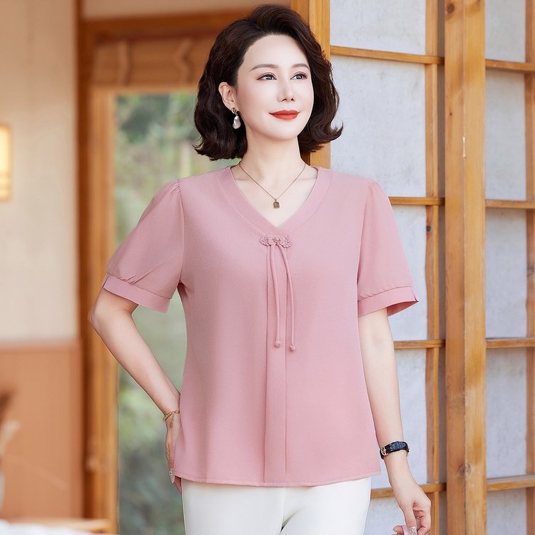 短袖雪纺衫女夏季妈妈减龄上衣2025新款夏装时尚衬衫女士粉色