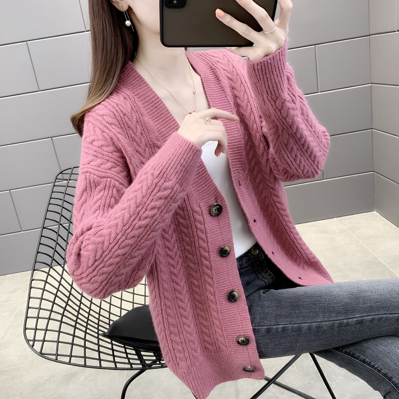 针织V领毛衣女开衫外套洋气麻花