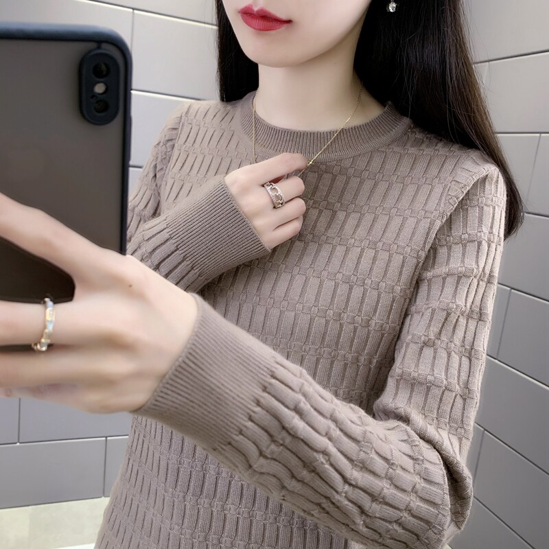 春秋冬洋气麻花纹理圆领针织衫女长袖百搭修身打底衫毛衣女装上衣