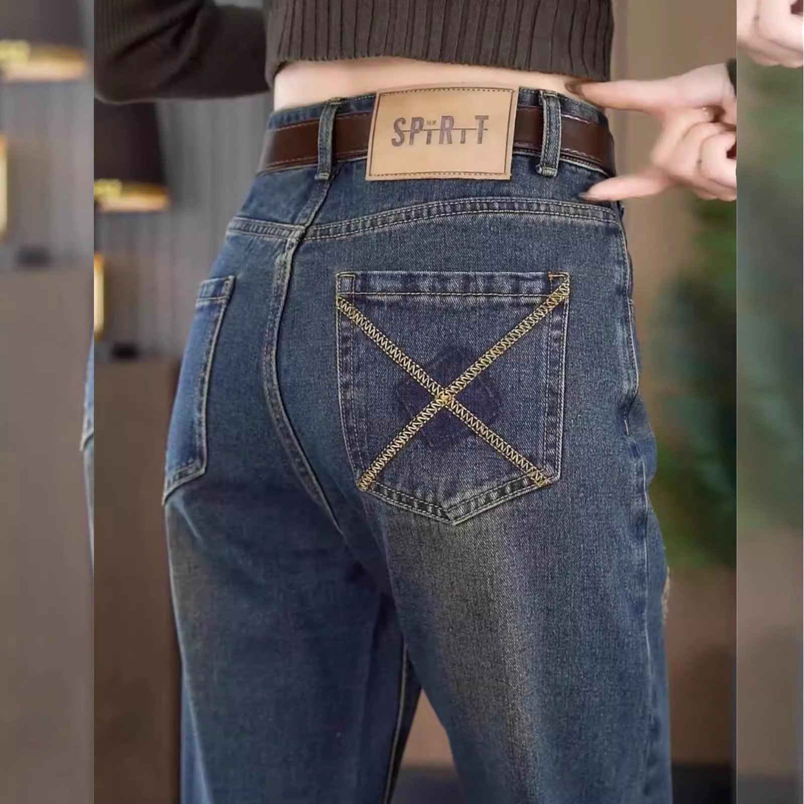 诗美芝窄版牛仔裤大码直筒裤阔腿