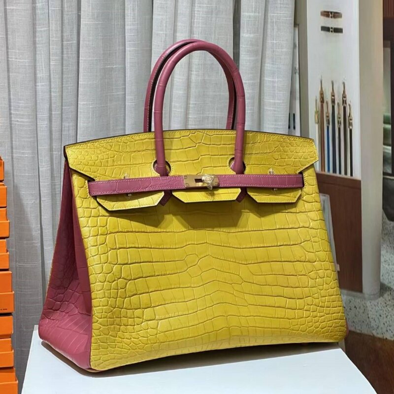 进口雾面尼罗鳄鱼皮铂金包35CM女包手提包手拎包进口蜡线手缝拼色