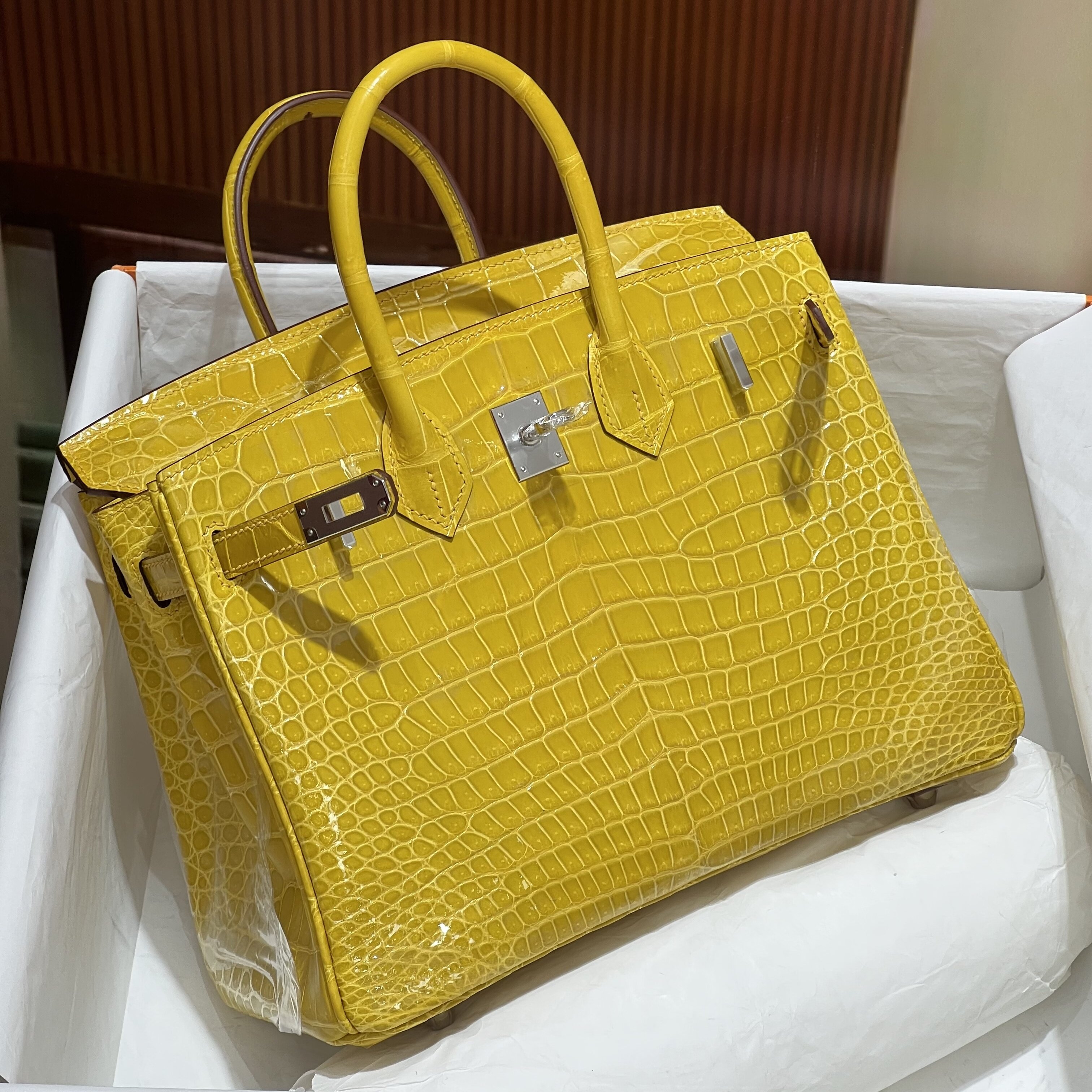 琥珀黄倒V高光进口湾鳄鳄鱼皮BK铂金包25CM纯手工女包银扣高定版