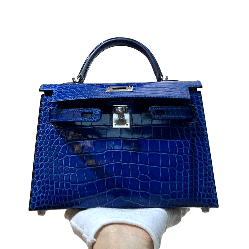 琉璃蓝高光美洲鳄鱼皮银扣全手工缝mini凯莉包19CM女士单肩斜挎包