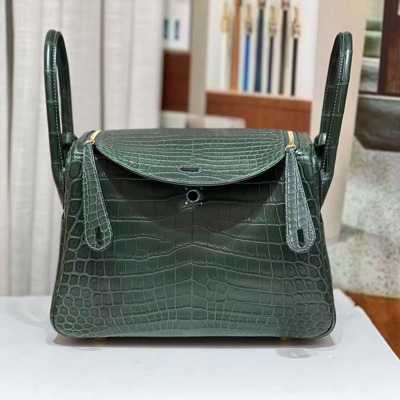 琳迪26CM绿色进口雾面尼罗鳄鱼皮女士手提包全手工女包时尚高端包