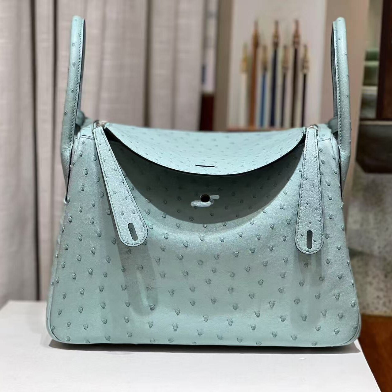 薄荷绿南非进口KK鸵鸟皮女士手提单肩包全手工女包夏季新款大容量