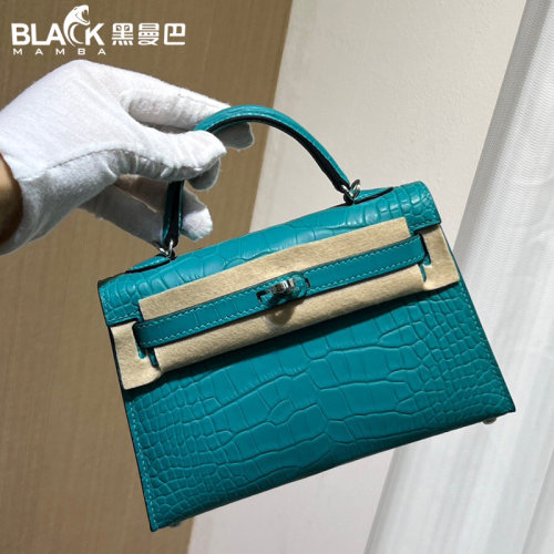 孔雀蓝雾面美洲鳄鱼皮mini凯莉包19Cm女士单肩斜挎小包包全手工缝