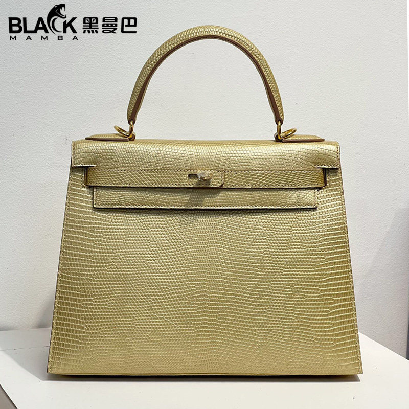 浅金色进口蜥蜴皮凯莉包28Cm女士手提包带锁全手工包金扣稀有定制