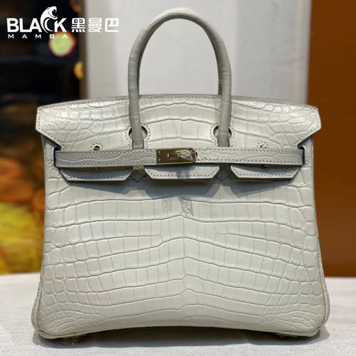 黑曼巴哑光尼罗奶昔白色鳄鱼皮铂金25女包真皮手工缝制奢侈品牌H