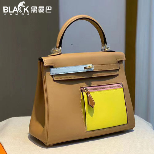 黑曼巴全手工缝凯莉包swift皮25CM奶茶色女士手提包新款奢侈品