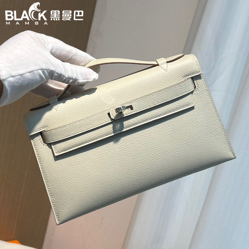 EP牛皮凯莉mini一代女士手拿手挽包晚宴包奶昔白全手工缝银扣普皮图片