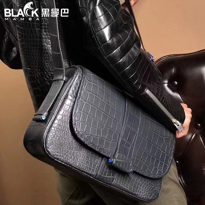 黑曼巴进口尼罗鳄鱼皮肚皮男士单肩斜挎背包高端休闲商务男包品牌