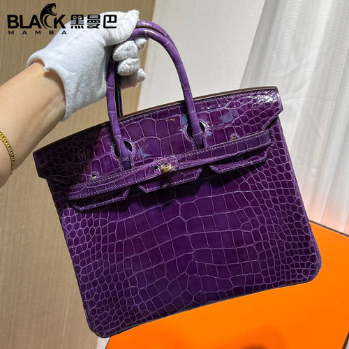葡萄紫进口高光美洲鳄鱼皮BK铂金包25CM女士手提包带锁全手工缝