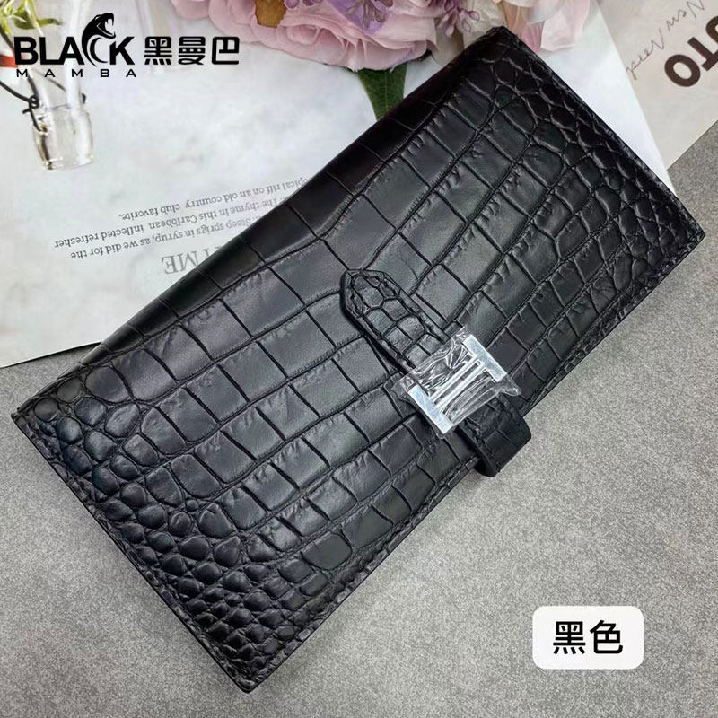 黑曼巴雾面鳄鱼肚皮男女通用长款钱包皮夹子H扣抽带真皮高档时尚