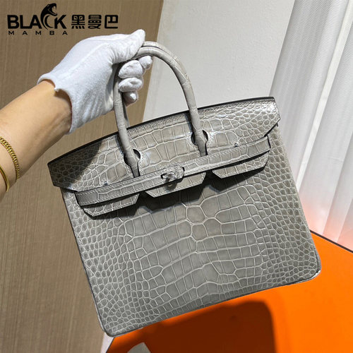 斑鸠灰高光美洲鳄鱼皮BK铂金包25CM女士手提包带锁全手工内缝女包