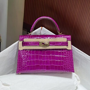 天方夜谭紫方块美洲鳄鱼皮mini凯莉二代女士小号手提单肩包全手工