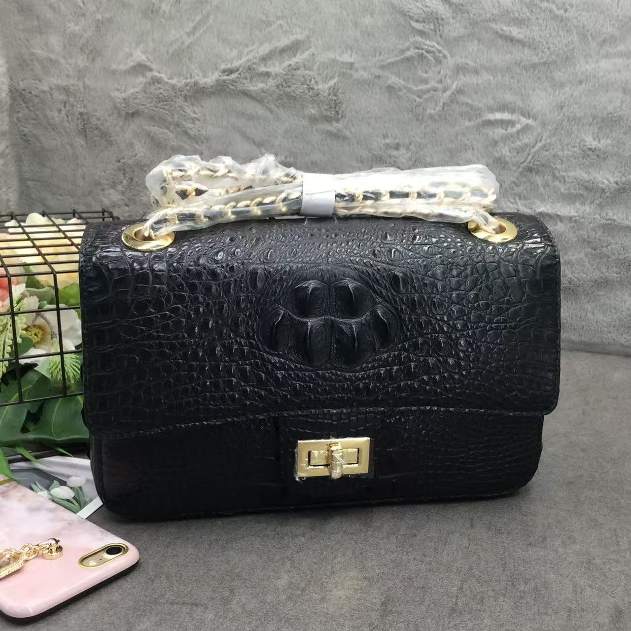 黑色鳄鱼皮链条包高档真皮女包时尚小包包单肩斜挎锁扣小香包