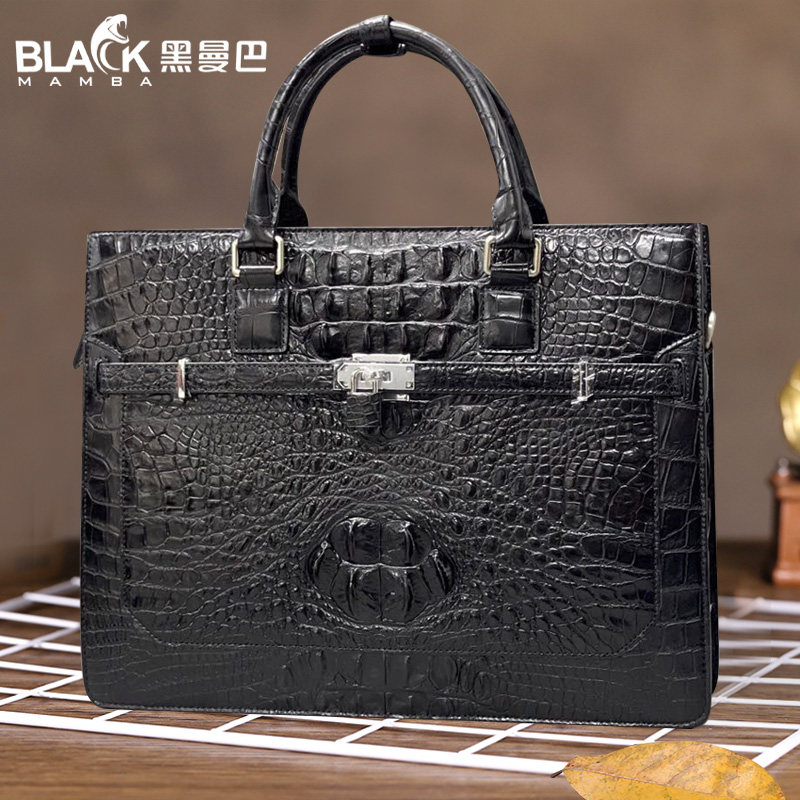 黑曼巴h带锁公文包鳄鱼骨皮男士手提商务男包纯皮律师办公高档