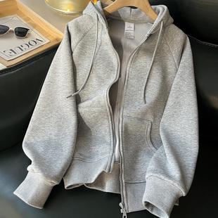 拉链加绒开衫 连帽卫衣秋冬2024新款 灰色运动上衣 外套女春秋款 秋季