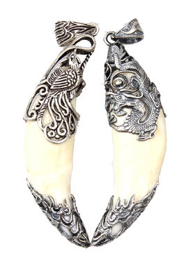 盈月狼牙形925纯银黑狗吊坠项链