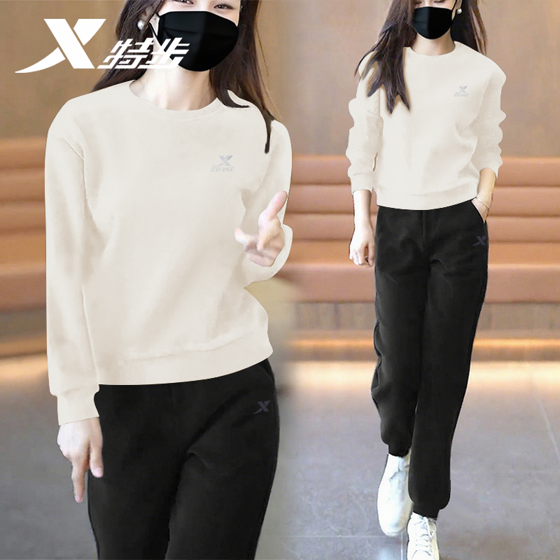 特步运动服套装女春秋款2025新款跑步休闲宽松白色卫衣长裤两件套