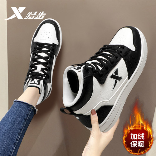 特步冬季高帮加绒女鞋防滑棉鞋